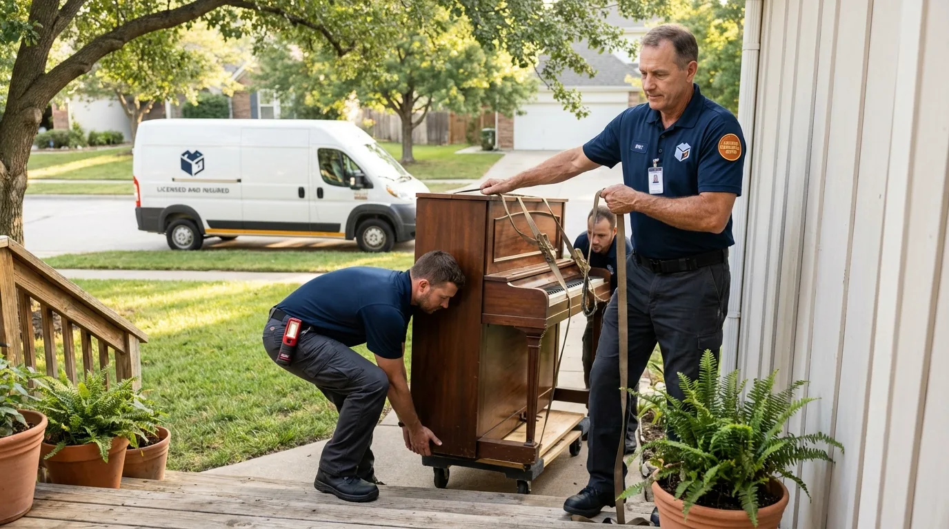 Licensed piano movers securing grand piano in Plainwell, MI