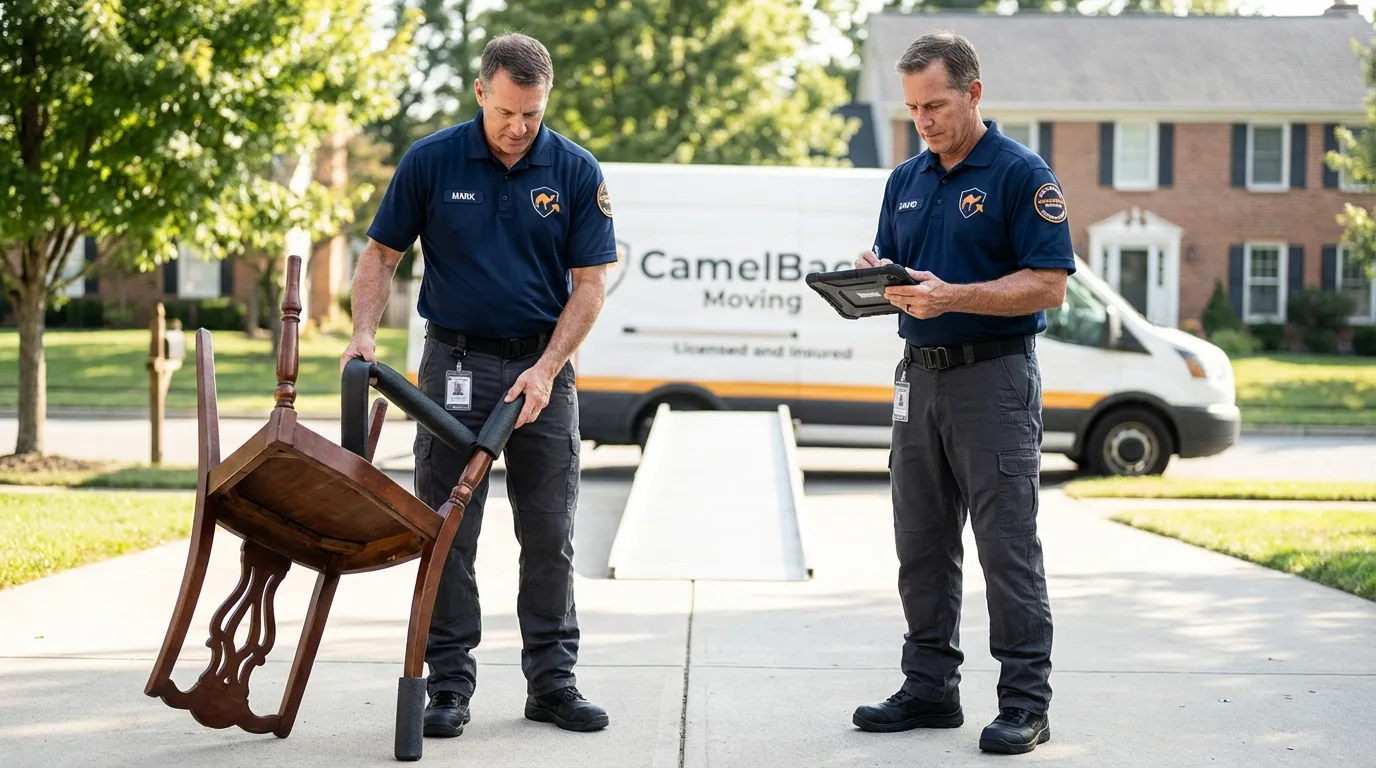 Movers inspecting furniture for damage prevention before loading in Plainwell, MI