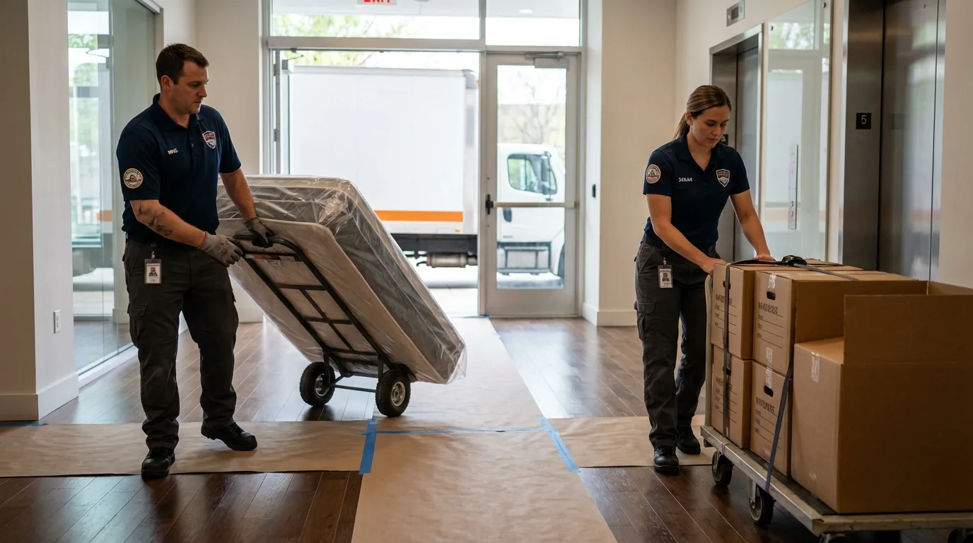 Professional apartment movers loading elevator in Plainwell, MI