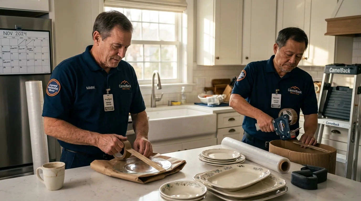 Professional crew packing kitchen dishware in Plainwell, MI